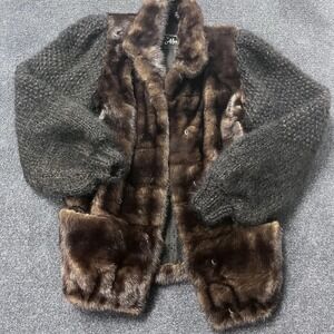 Abravanel Fur Jacket Womens Medium Brown Knit Sleeves Gray Satin Lined Coat